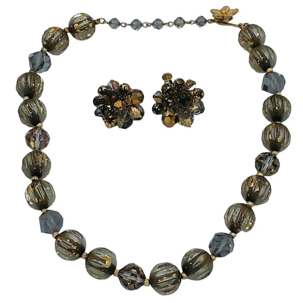Runway Vendome Lucite Necklace Gold Fleck Art Glass Beads Clip Earrings Set